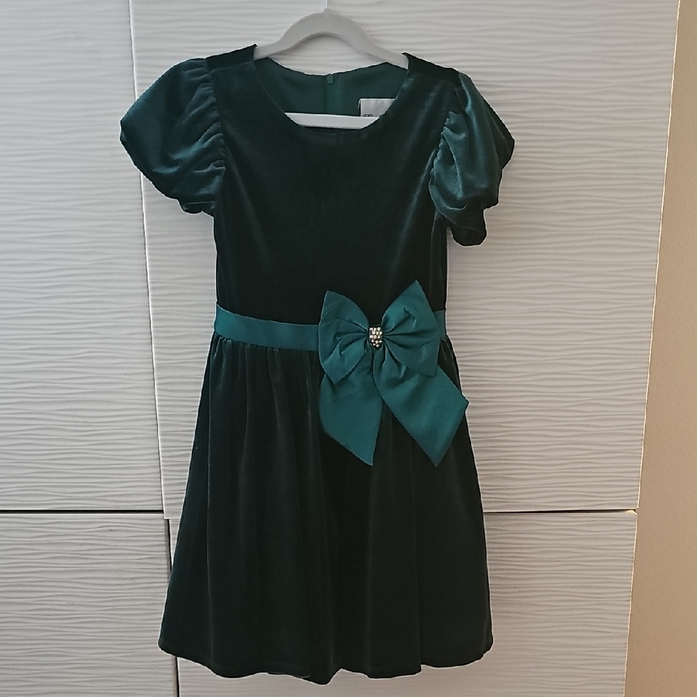 Rare Editions Dark Green Velvet Dress with Bow